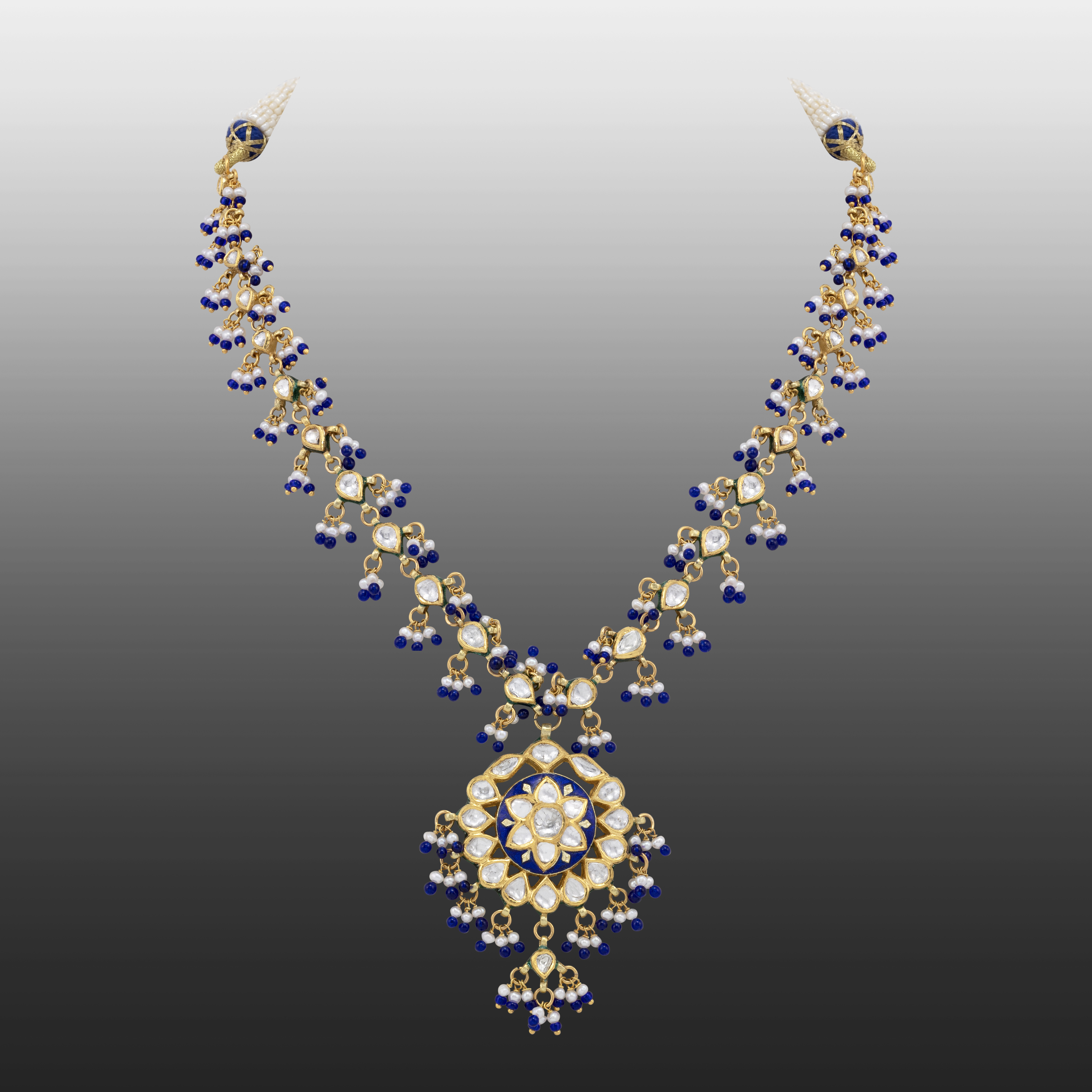 Blue Enamel Polki Necklace with Pearl and Bead Accents